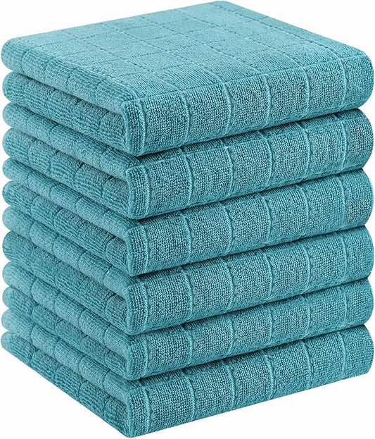 Homaxy 100% Cotton Terry Kitchen Towels(Lake Blue, 13 x 28 inches), Checkered Designed, Soft and Super Absorbent Dish Towels, 6 Pack