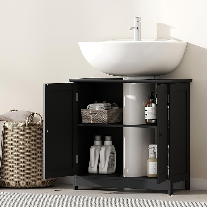 HOMCOM Under Sink Bathroom Cabinet, Pedestal Sink Storage Cabinet with 2 Doors, Shelf and U-Shape, Black