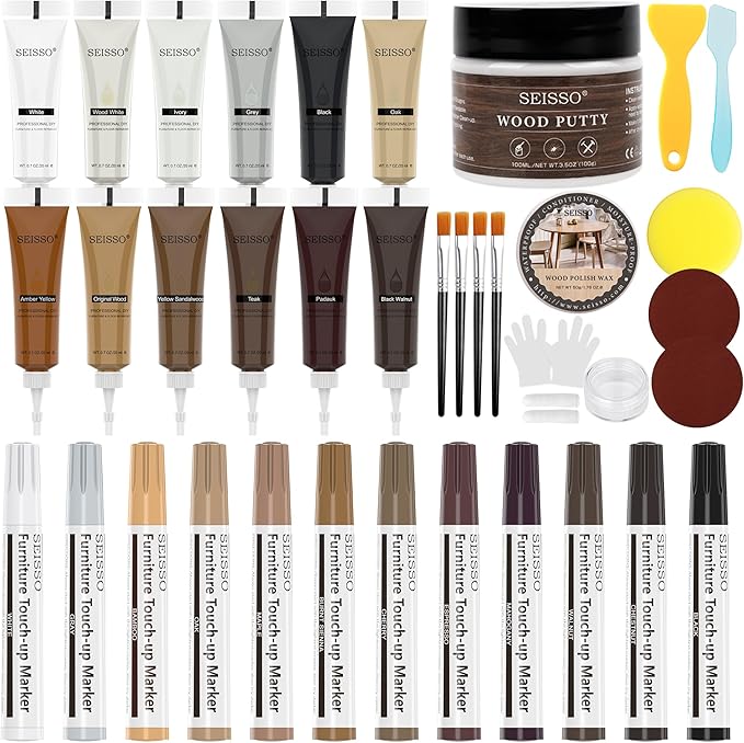 SEISSO Wood Furniture Repair Kit, 12 Colors Wood Fillers&Touch Up Markers, Wood Putty with Polish Wax, Wood Repairing Kit of Stains, Scratches, Holes, Cracks(40 PCs)