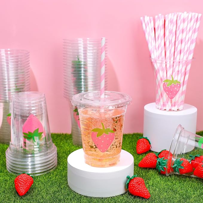 Whaline 50Pcs Strawberry Disposable Plastic Cups with Lids and Straws 12 Oz Pink Summer Fruit Cold Beverage Drinking Cups for Sweet One First Birthday Party Supplies Table Decor