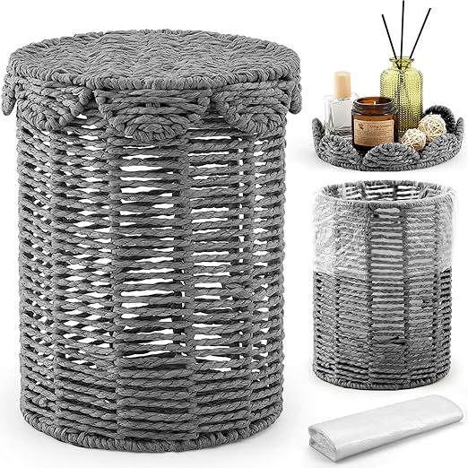 Ctosree 1.3 Gallons Small Wicker Trash Can with Lid Handle Woven Wicker Rattan Bathroom Waste Basket Boho Trash Basket with 100 Plastic Garbage Bags for Bedroom Office Laundry (Scalloped Style, Gray)