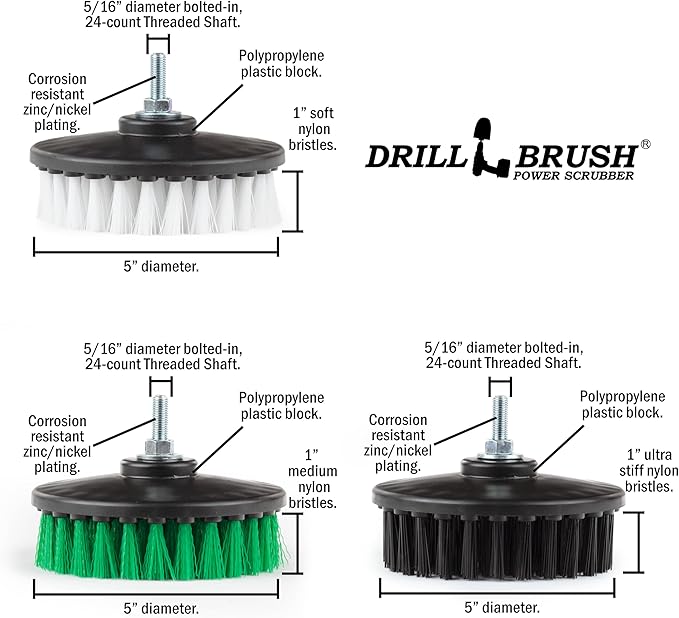 Drillbrush Construction Tools - Soft, Medium, Ultra Stiff - 3 Scrub Brush Kit - Threaded 5/16 x 24 - Fits Electric - Cordless - Air Pneumatic - Dual Action Orbital Polisher Machine - Rotary - Buffer