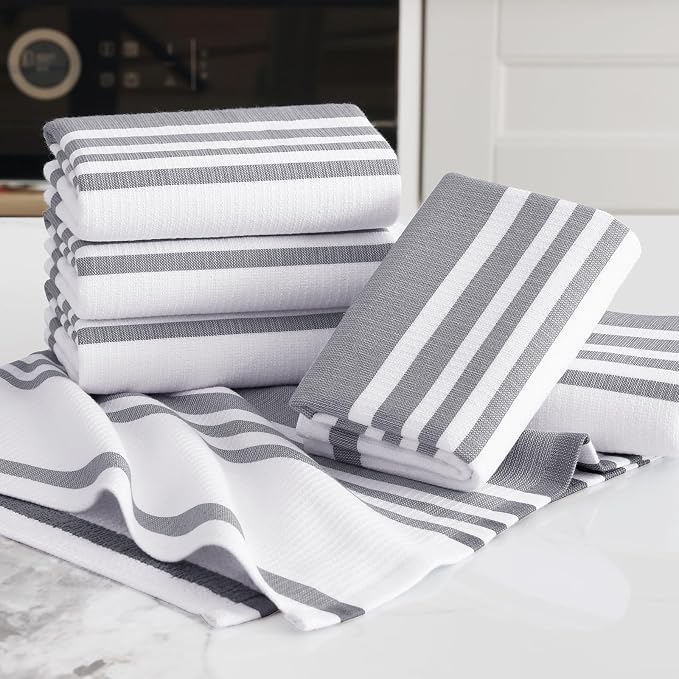 Homaxy Premium Kitchen Towels 18”x 28”, Large Cotton 380 GSM Kitchen Hand Towels, Stripe and Terry Dish Towel, Highly Absorbent Tea Towel Set with Hanging Loop, 3 Pack, Grey