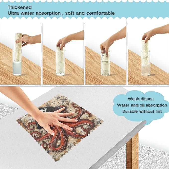 Octopus Pirate and Compass Kitchen Towels Dish Cloths Set of 6 Microfiber Cleaning Cloths for Cars Super Absorbent Machine