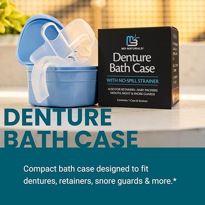 Denture Bath Case and Retainer Case, Denture Bath Cup for Invisalign Retainers Mouthguards Dentures Cleaner Kit with Strainer Spill-Free Portable Retainer Cleaner Case by M3