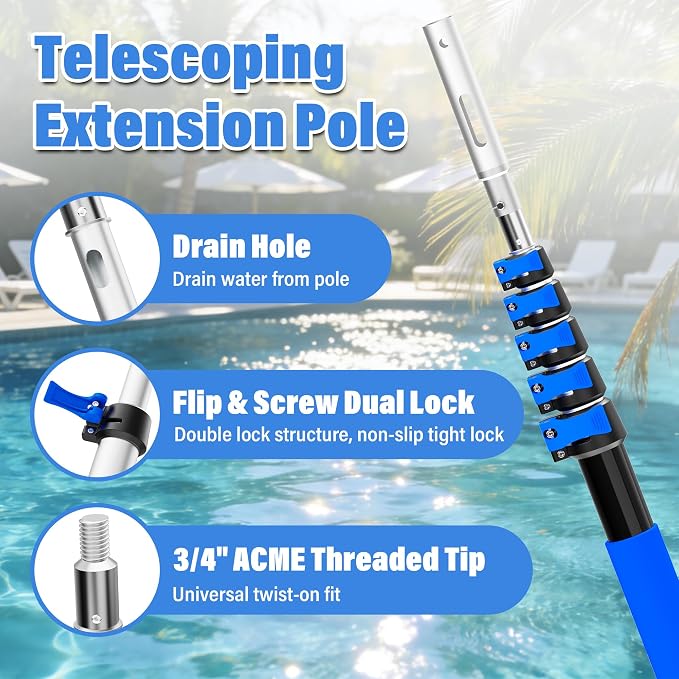 5-20 FT Telescopic Pool Pole, Aluminum Alloy Extension Pole with Flip-Lock & Screw Lock, Adjustable Pool Pole for Skimmer Nets, Brushes & Vacuum Heads