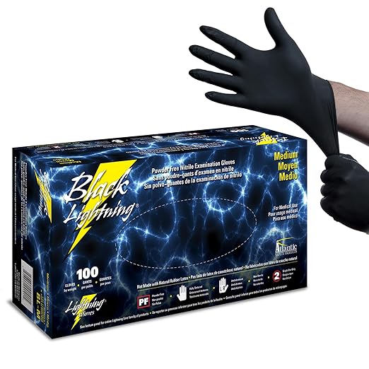 Black Lightning Nitrile Gloves 6 Mil, Disposable Powder-Free Exam & Work Gloves, Heavy Duty Chemical Resistant, Food Safe, Medical & Mechanic Gloves, Black, Medium, 100 Count