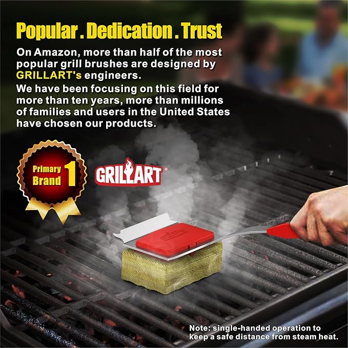 GRILLART Grill Brush Bristle Free. [SteamWizards], Includes 1 Full Grill Brush and 1 Replaceable Cleaning Head (Bundle)