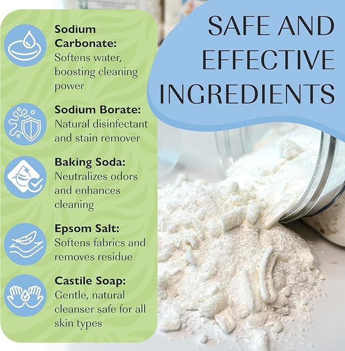 Natural Laundry Detergent Soap | Hypoallergenic Deep Cleaning Washing Powder | Eco-Friendly, Safe, and Effective with BORAX, SODA ASH, EPSOM SALT, BAKING SODA and CASTILE SOAP (65 Loads)