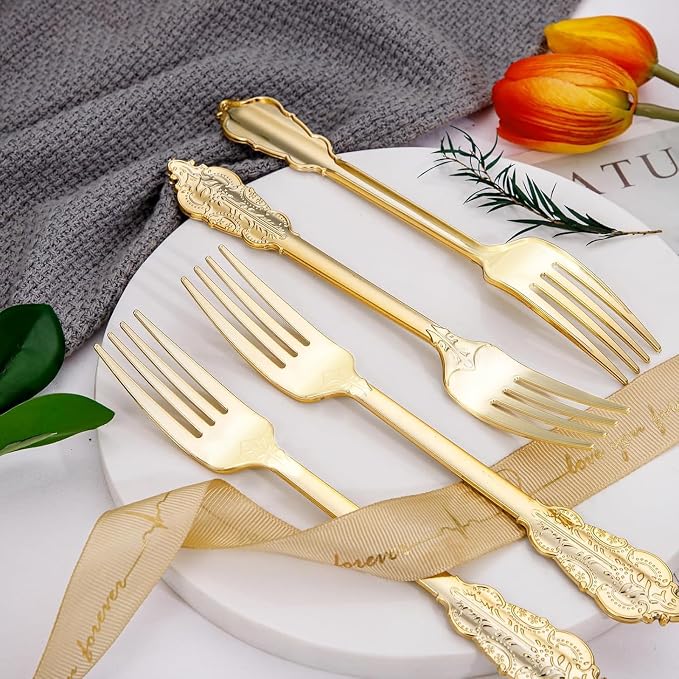 WDF 100 Piece Gold Forks Disposable - 7.48 Inch Gold Plastic Forks - Baroque Plastic Silverware for Dessert Cake - Heavy Duty for Party Wedding Daily Using Baby Shower Spring