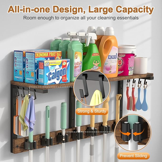 Housolution Broom Holder Wall Mount with Cleaning Supplies Organizer, 100 LBS High Load-Bearing Laundry Room Storage Shelves, Multifunctional Mop Hanger Rack with 7 Grippers & 8 Hooks
