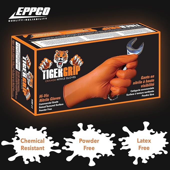 EPPCO TigerGrip 8-Mil Nitrile Glove Disposable Powder, Latex Free Textured Superior Grip Orange Gloves
