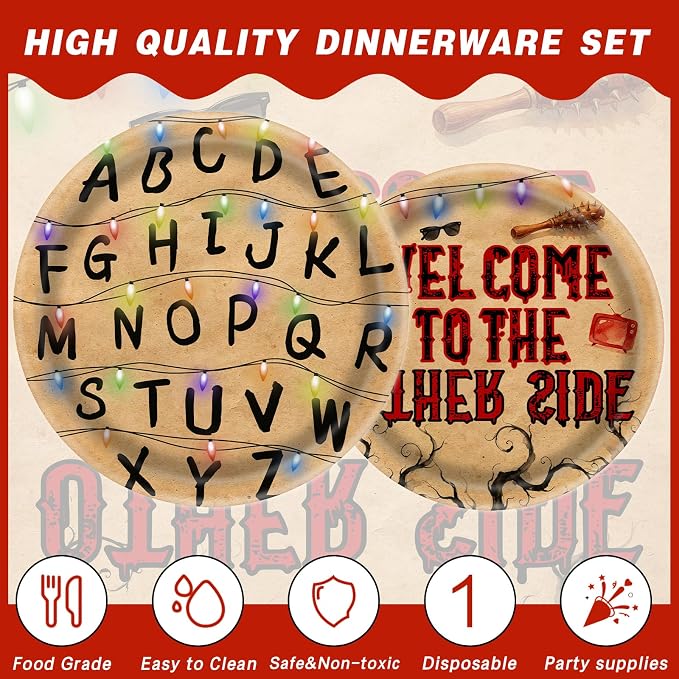 168pcs Spooky Rustic Alphabet Birthday Party Supplies Disposable Retro Colorful Light Bulbs Party Decorations Retro Scary House Run Themed Plates Napkins for Boys Girls Birthday Decor Serve 24