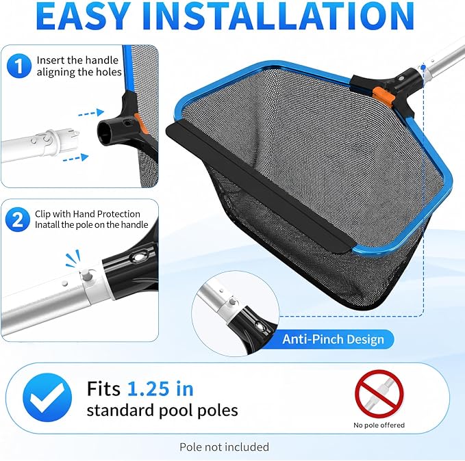 YASHINE Pool Skimmer with 2 Nets, Reinforced Aluminum Frame, Heavy Duty Deep Leaf Rake with Replaceable Net Bag, Deep Trash Bag, Pool Cleaning Net Fits Standard Pool Poles(No Pole)