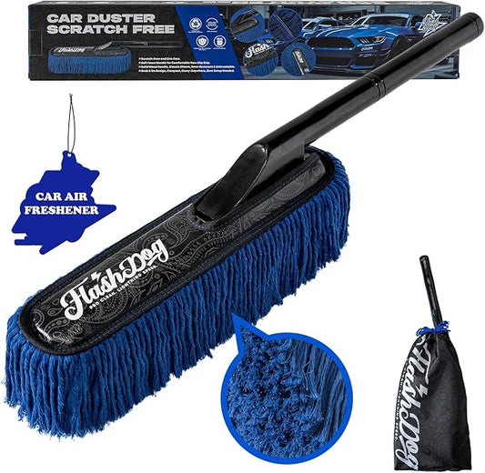 Flash Dog Car Duster Exterior - 25" Wood Handle Wax Cotton Hair Scratch Free Cleaning for Cars/SUV/Truck/RV Roofs & Windshields | Waterless Dust & Pollen Remover