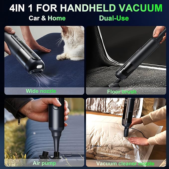 Car Vacuum, Handheld Vacuum Cordless 19000Pa, 4-in-1 Mini Portable Cleaner with Green LED Detection Light, 2 Modes for Car, Home, Office, Desk & Keyboards, Rechargeable, Washable Filter