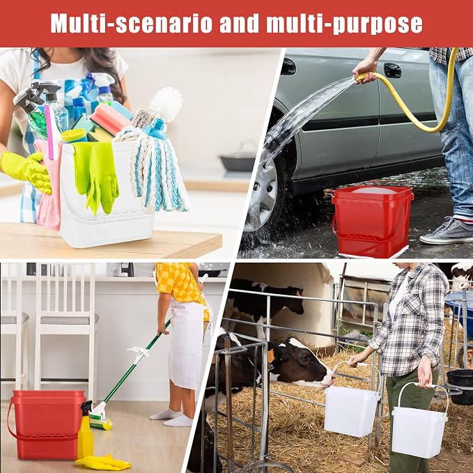 Jingmore 4 Pcs Plastic Bucket 5 Quart Square Bucket Utility Small Pail with Handle Sturdy Pail Organizer for House Cleaning Storage Livestock Feeding Car Washing Food Storage, No Lids(White)