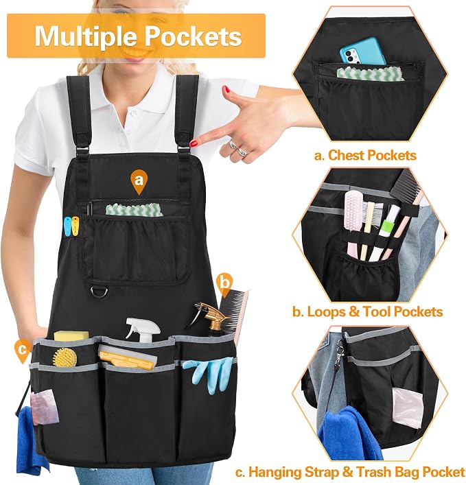 HODRANT Extra-large Wearable Cleaning Caddy & Large Cleaning Apron, Cleaning Organizer Bag with Pad, Handle & House Cleaning Apron with Dual Shoulder Straps For Cleaning Tools Storage, Orange Edge