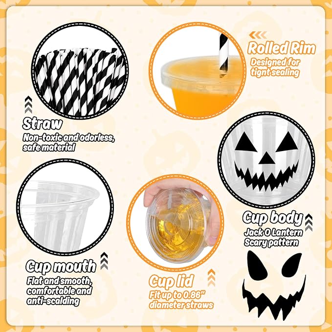 Whaline 60 Pcs 9 Oz Halloween Disposable Plastic Cups with Lids and Straws Black Evil Pumpkin Face Cold Beverage Drinking Cup for Trick or Treat Birthday Party Supplies