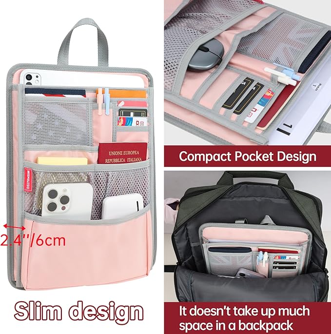 Slim Rugged Backpack Organizer Insert for Business Casual Men Women -13 Pockets,Padded Nylon,Max 14'' laptop- Pink