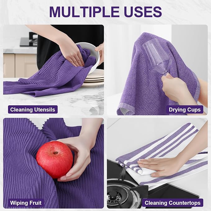 Homaxy Premium Kitchen Towels(18”x 28”, 3 Pack), Large Cotton 380 GSM Kitchen Hand Towels, Soft and Absorbent Terry Dish Towels, Multipurpose Tea Towel Set with Hanging Loop, Purple