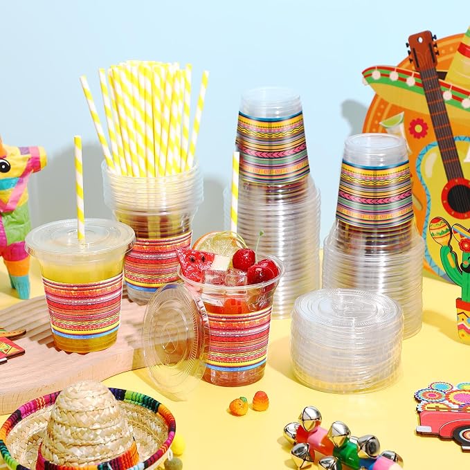 Jingmore 100 Pack 12 oz Fiesta Plastic Cups with Lids and Paper Straws Mexican Clear Disposable Cups Bulk Cinco De Mayo Party Decorations for Fiesta Taco Birthday Party Drinkware Supplies