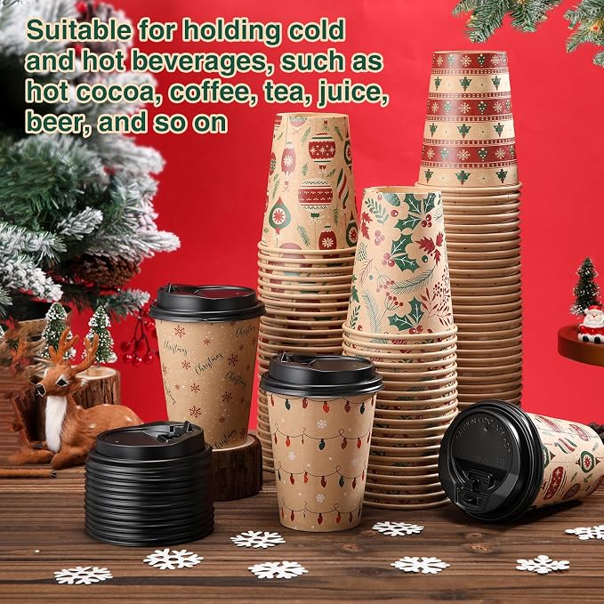 FoldTier 100 Pcs 12 oz Christmas Paper Cups with Lids Xmas Disposable Coffee Cups Holiday Kraft Paper Drinking Xmas Party Drinkware Supplies for Holiday Cocoa Beverage Cold Hot Drinks (Classic 1)