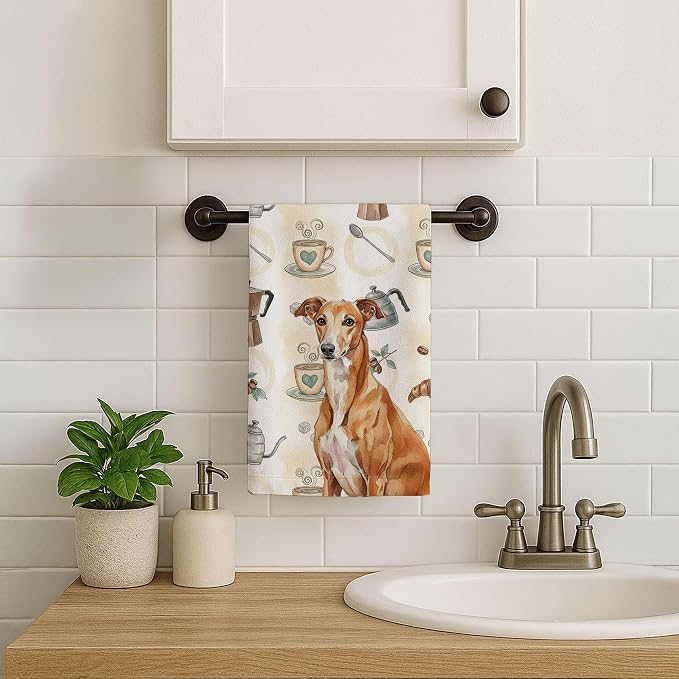 Caroline's Treasures Red Greyhound Coffee Bar Kitchen Towel Velour Plush Front and Cotton Loop Back Machine Washable