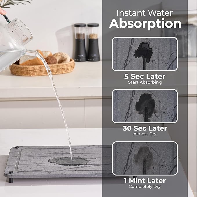 Stone Dish Drying Mat for Kitchen Counter, Quick Dry Stone Dishes Mats, Stones Drying Mat for Kitchen Counter, Water Absorbing Diatomaceous Earth Drying Mat (Dark Gray 15.7x11.8" & 8"x4")