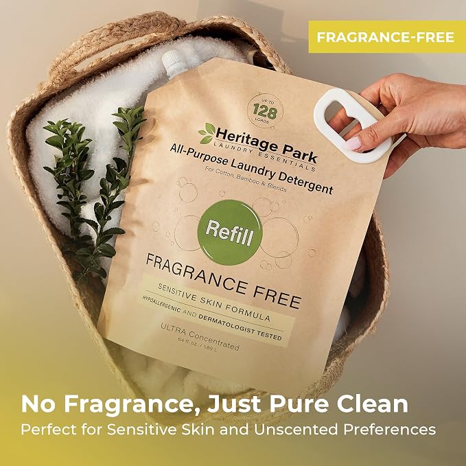 Heritage Park Luxury Laundry Detergent | Dermatologist Tested Plant based Natural & Enzyme Laundry Detergent | Sensitive Skin Friendly - Fragrance Free (64 fl oz Refill)