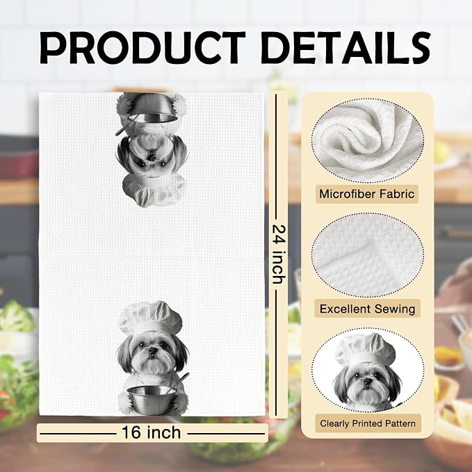 Funny Chef Shih Tzu Kitchen Towels Set of 2, Shih Tzu Dog Gifts for Women Dish Tea Towels for Kitchen, Dog Mom Lovers Owner Gifts Decorative Hand Towel, 16x24 Inch