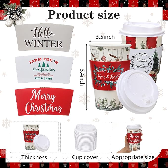 36 Sets/ 108 Pcs Christmas Tree Paper Cups 16 oz Disposable Coffee Cups with Lids and Sleeves Xmas Hot Cocoa Coffee Mug for Cold Drinks Hot Chocolate Christmas Party Supplies