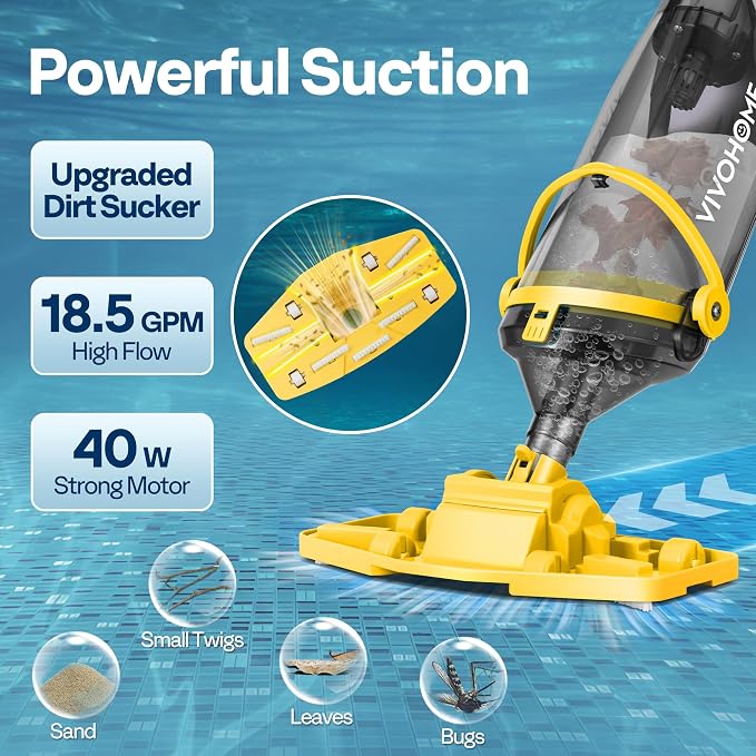 VIVOHOME Cordless Pool Vacuum with Telescopic & Extension Poles 9.12ft, 18.5 GPM Suction, 60-Min Run Time, Handheld Cleaner Rechargeable with Battery Indicator for Pools/Spas/Hot Tubs - Yellow
