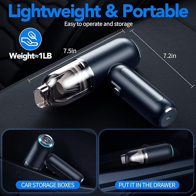 Handheld Vacuum Cordless, Car Vacuum with Brushless Motor & 16KPa Strong Suction, 4 in 1 Rechargeable Mini Vacuum Cleaner with LED Light, Hand Held Vacuum for Car Home Office and Pet, Black