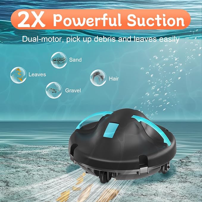 (2026 New) Pool Vacuum for Above Ground Pool, Cordless Robotic Pool Cleaner with Dual Motors Strong Suction, 130-Min Runtime, Auto-Parking, Pool Vacuum Robot for Inground Flat Pools Up to 1100 Sq.Ft