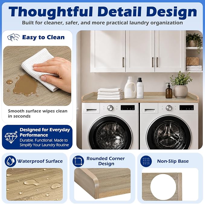 ROYXEN Washer Dryer Countertop, Laundry Countertop Solid Wood, Countertop for All Front-Loaded Washing Machine and Dryer, Extra Room for Laundry Room, White Oak