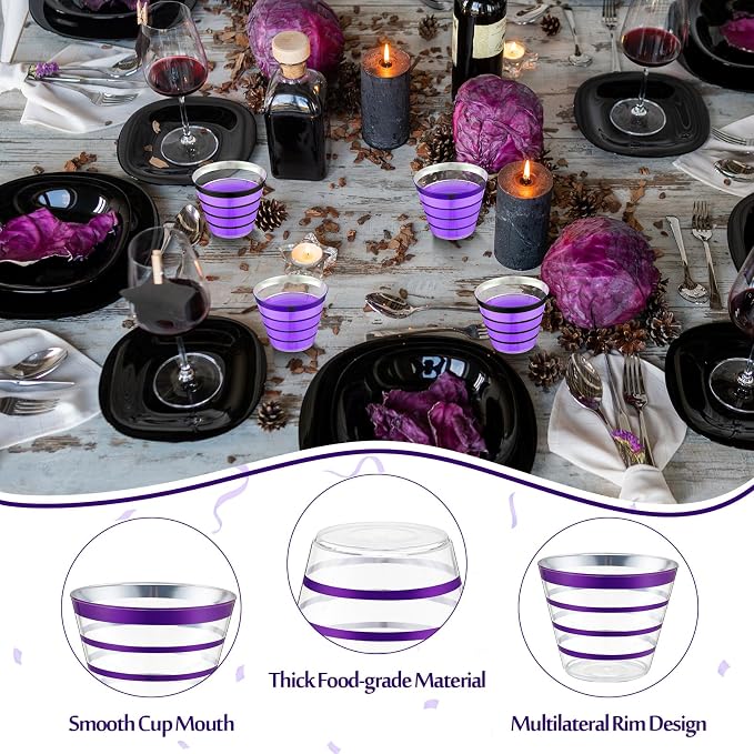 Gejoy 9 oz 100pcs Black and Purple Rimmed Stripe Plastic Cups Bulk Disposable Wine Hard Plastic Drinking Cocktail Cups Tumblers for Wedding Gathering Party Supplies(Black, Purple)