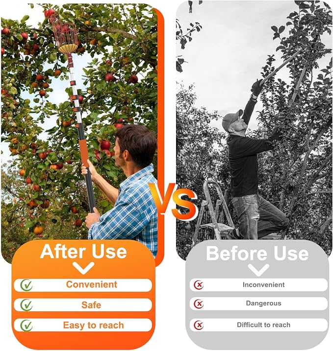 LAANPOLE 20FT Reach Fruit Picker Pole with Basket Telescoping, Apple Picker with 3-12FT Telescoping Pole for Apple Orange Lemon Mango Avocado Guava Fruit Picking