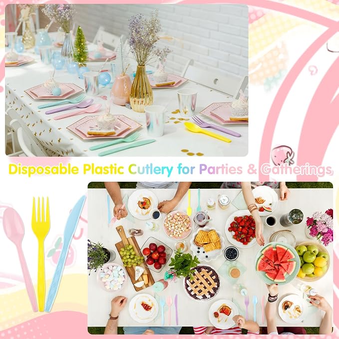 Kochorie 90 Pieces Pastel Plastic Cutlery Set Macaron Colors Disposable Plastic Utensils Colorful Heavy Duty Flatware Set Includes 30 Knives 30 Forks 30 Spoons for Easter, Birthday, Tea Party, Wedding
