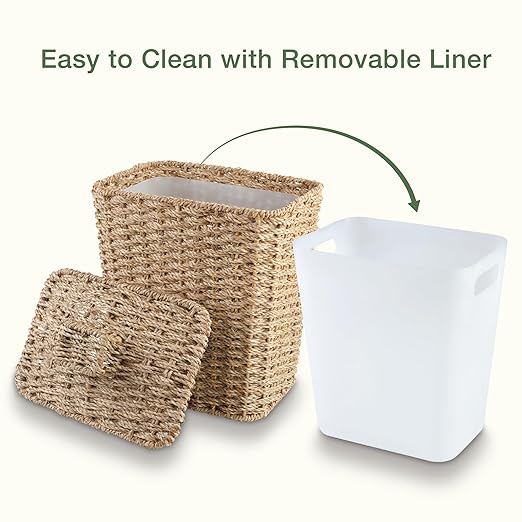 84ECO Wicker Trash Can with Lid and Liner - Rattan Trash Can for Bathroom - Decorative Wicker Waste Basket for Bedroom, Kitchen and Office (Natural Seagrass)