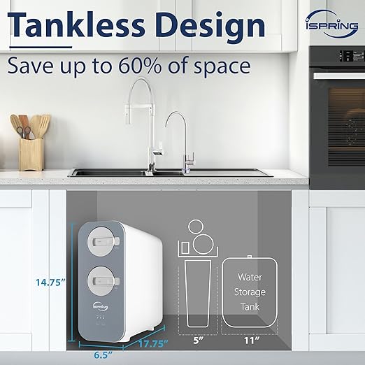 iSpring RO800G Tankless Reverse Osmosis System, 800 GPD Under Sink Water Filter with 2.5:1 Pure to Drain Ratio, TDS & PFAS Reduction, Space Saving Design, Includes Brushed Nickel Faucet
