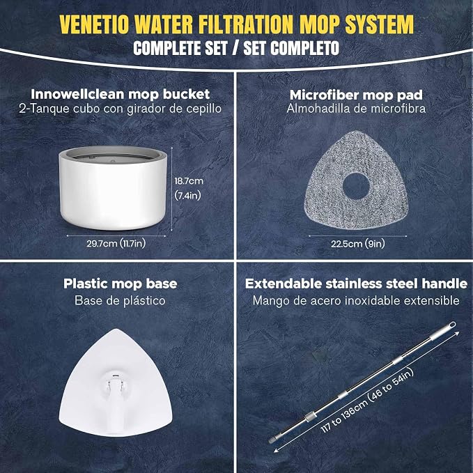 VENETIO Innowellclean Water Filtration Triangle Spin Mop and Bucket Set for Floor Cleaning - Self Wringing/Dry/Wet All-in-One Microfiber Mop System for Home Hardwood, Laminate, Tile (2 Pads)