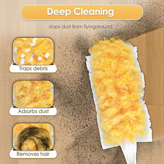 50 Count Feather Duster Refills for Swiffer Dusters Handle, 360 Degree Multi-Surface Duster Refill Kit with 1 Extended Handle and 1 Short Handle, Disposable Dust Removal Brush Heads for Electronics