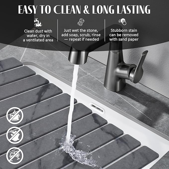 Large Stone Dish Drying Mats for Kitchen Counter, 24"(L)×16"(W) Marble Pattern, Quick Dry Collapsible Dish Drying Mat, Eco-Friendly Absorbent Diatomaceous Earth Mat for Dishes Bottles Cups - Dark Gary