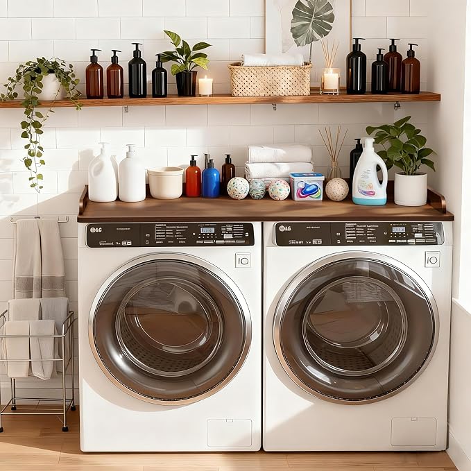 Washer Dryer Countertop, 54 x 27.5 Inch Washer Dryer Topper, Laundry Topper for Washer and Dryer, No Installation MDF Top with Raised Edge, Walnut