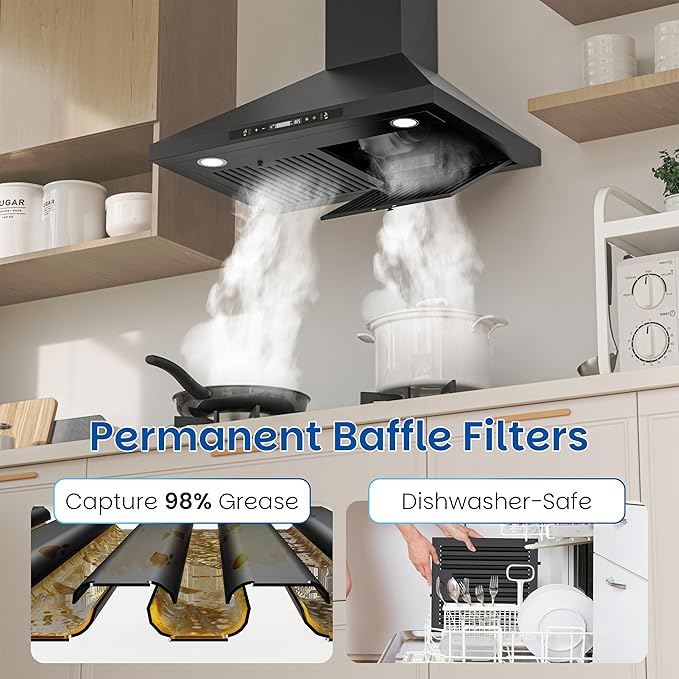 FIREGAS Wall Mount Black Range Hood 30 Inch, 900 CFM Ducted Kitchen Hood 3-Speed Exhaust Fan, Gesture/Touch Control, Timer, 2 Baffle Filters, Stainless Steel Stove Vent Hood
