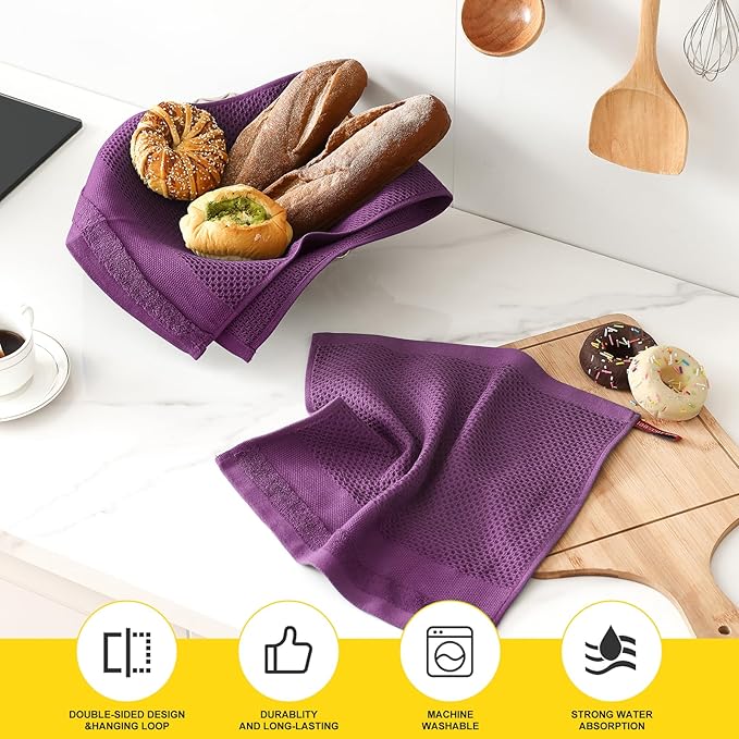 Homaxy Kitchen Towels and Dishcloths Set, 12 x 12 and 13 x 28 Inches, Set of 12 100% Cotton Waffle Weave Kitchen Towels, Super Soft and Absorbent Dish Cloths, Purple