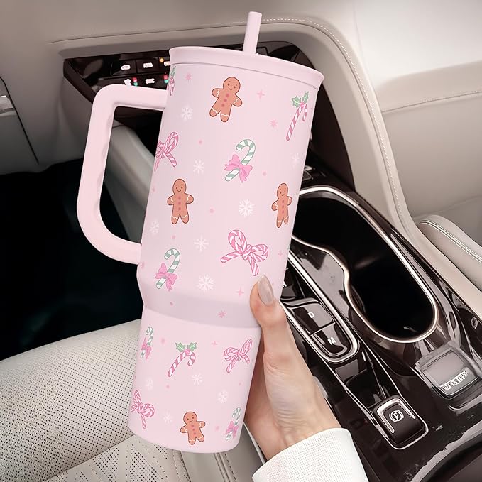 SANDJEST Christmas Theme 40oz Slider Tumbler with Handle and Straw - Insulated Stainless Steel Travel Coffee Mug for Women Girls, Gift for Birthday Xmas
