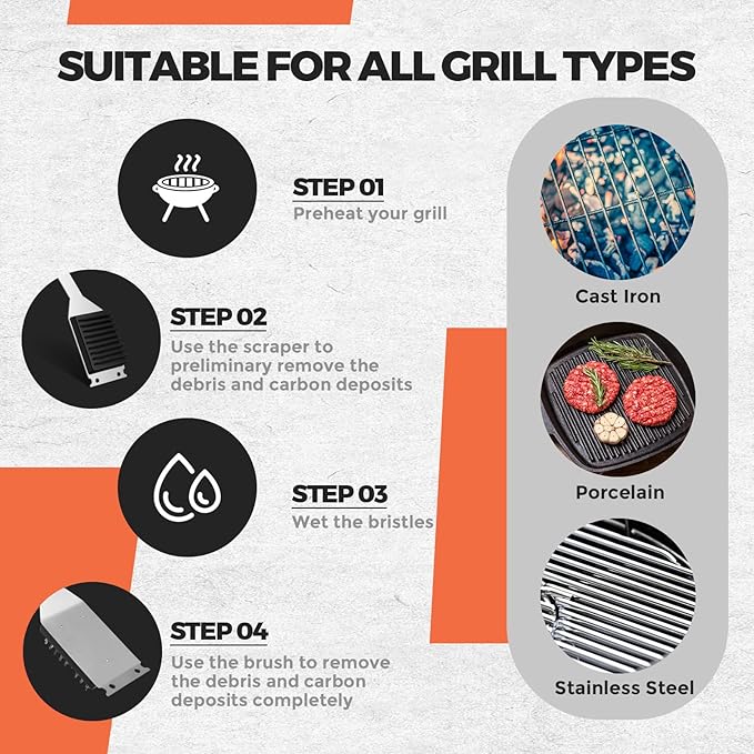 Nuogo 4 Pcs Grill Brush and Scraper 15.8'' Outdoor Stainless Steel Cleaning BBQ Accessories Grill Brush Ideal Gift for Men