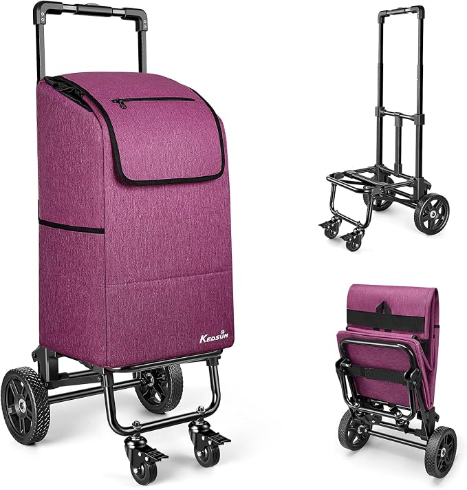 KEDSUM 3 in 1 Shopping Cart with Wheels, 60L/250LBS Multi Use Grocery Cart with 7" Big Wheels & Removable Waterproof Bag, Personal Shopping Carts for Groceries, Telescoping Handle & Thickened Steel
